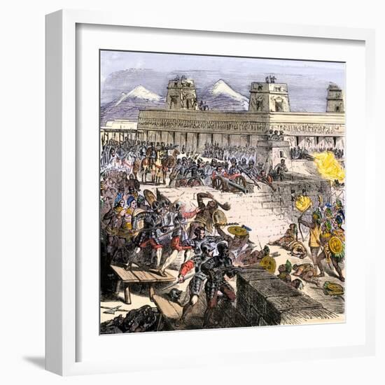 Spanish Invaders Attacked by the Aztecs in Tenochtitlan during la Noche Triste, c.1520-null-Framed Giclee Print