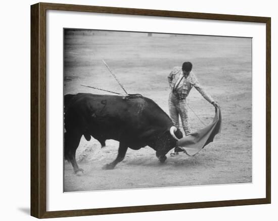 Spanish Matador Antonio Ordonez Executing Left Handed Pass Called "Pase Natural" During Bullfight-Loomis Dean-Framed Premium Photographic Print