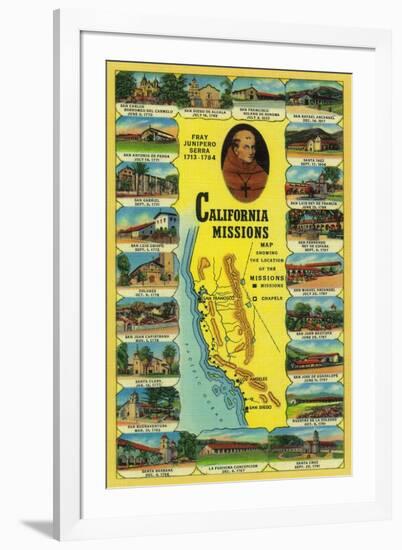 Spanish Missions of California showing 21 Missions - California State-Lantern Press-Framed Art Print