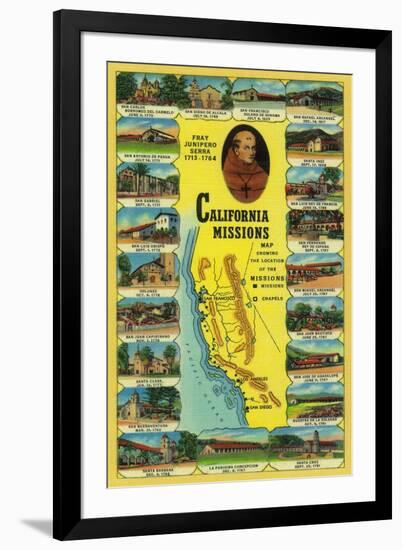 Spanish Missions of California showing 21 Missions - California State-Lantern Press-Framed Art Print