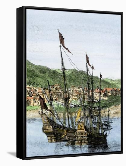 Spanish Ships in a Colonial Port-null-Framed Stretched Canvas