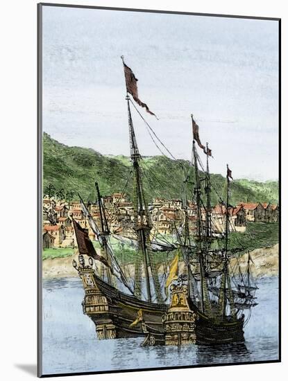 Spanish Ships in a Colonial Port-null-Mounted Giclee Print