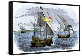 Spanish Ships of Hernando Cortes Sailing to Mexico, c.1519-null-Framed Stretched Canvas