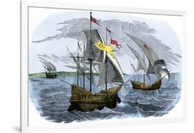 Spanish Ships of Hernando Cortes Sailing to Mexico, c.1519-null-Framed Giclee Print