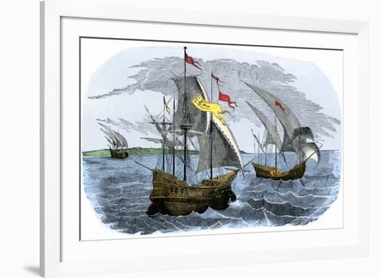 Spanish Ships of Hernando Cortes Sailing to Mexico, c.1519-null-Framed Giclee Print