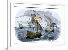 Spanish Ships of Hernando Cortes Sailing to Mexico, c.1519-null-Framed Giclee Print