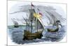 Spanish Ships of Hernando Cortes Sailing to Mexico, c.1519-null-Mounted Giclee Print