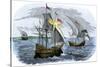 Spanish Ships of Hernando Cortes Sailing to Mexico, c.1519-null-Stretched Canvas
