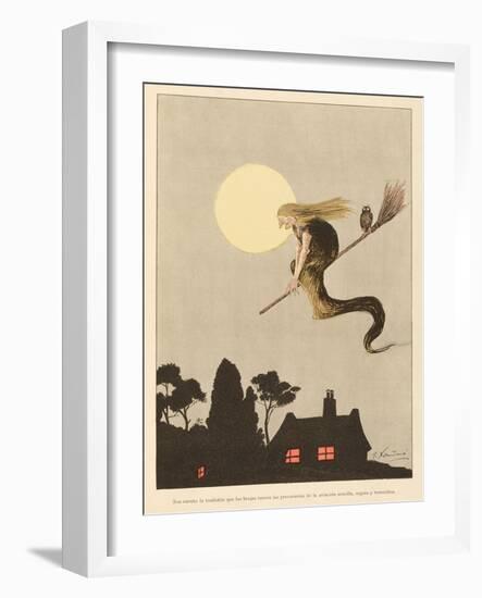 Spanish Witch Returns Home after a Flight Accompanied by Her Familiar an Owl-Joaquin Xaudaro-Framed Art Print