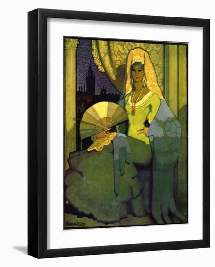 Spanish Woman with Fan, Book Plate, Spain, 1920-null-Framed Giclee Print