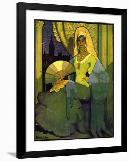 Spanish Woman with Fan, Book Plate, Spain, 1920-null-Framed Giclee Print