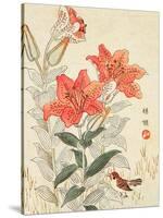 Sparrow and Tiger Lilies-Bairei Kono-Stretched Canvas