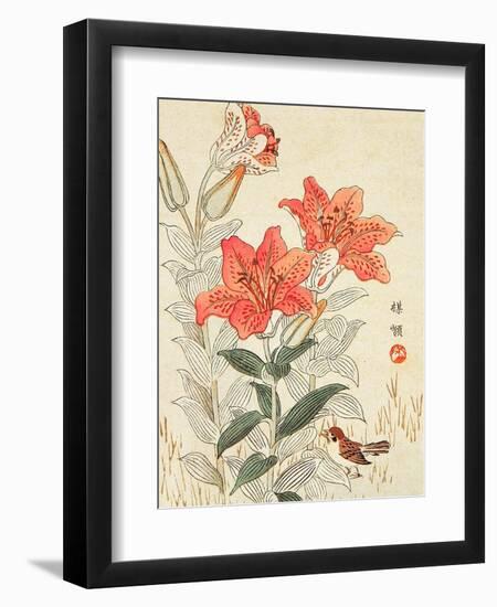 Sparrow and Tiger Lilies-Bairei Kono-Framed Premium Giclee Print