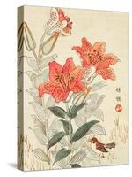 Sparrow and Tiger Lilies-Bairei Kono-Stretched Canvas