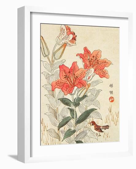 Sparrow and Tiger Lilies-Bairei Kono-Framed Giclee Print