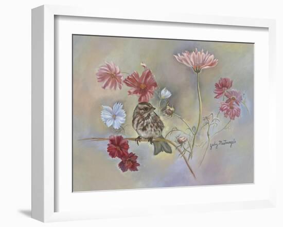 Sparrow in Cosmos Flowers-Judy Mastrangelo-Framed Giclee Print