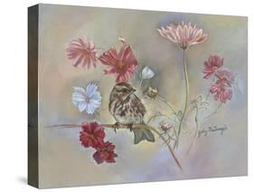 Sparrow in Cosmos Flowers-Judy Mastrangelo-Stretched Canvas