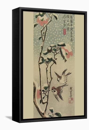 Sparrows and Camellias in Snow.-Ando Hiroshige-Framed Stretched Canvas