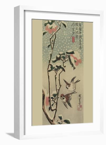 Sparrows and Camellias in Snow.-Ando Hiroshige-Framed Art Print