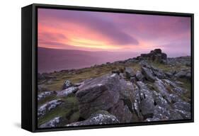 Spectacular Pink Sunrise Above Belstone Tor, Dartmoor, Devon, England. Winter-Adam Burton-Framed Stretched Canvas