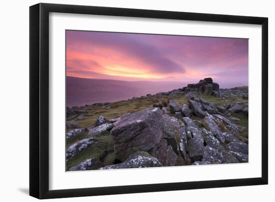 Spectacular Pink Sunrise Above Belstone Tor, Dartmoor, Devon, England. Winter-Adam Burton-Framed Photographic Print