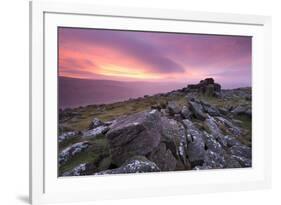 Spectacular Pink Sunrise Above Belstone Tor, Dartmoor, Devon, England. Winter-Adam Burton-Framed Photographic Print