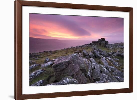 Spectacular Pink Sunrise Above Belstone Tor, Dartmoor, Devon, England. Winter-Adam Burton-Framed Photographic Print