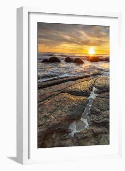 Spectacular sunrise at The Moeraki Boulders, Moeraki Beach, Otago, South Island, New Zealand-Ed Rhodes-Framed Photographic Print