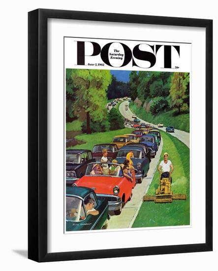 "Speeder on the Median," Saturday Evening Post Cover, June 2, 1962-Richard Sargent-Framed Premium Giclee Print