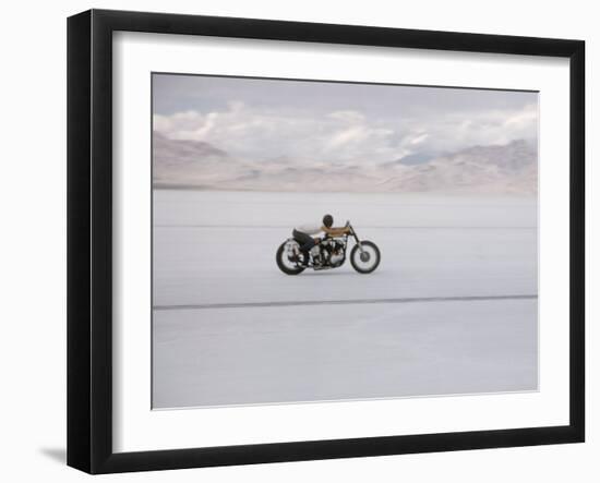 Speeding Motorcycle During Bonneville Hot Rod Meet at the Bonneville Salt Flats in Utah-J^ R^ Eyerman-Framed Photographic Print