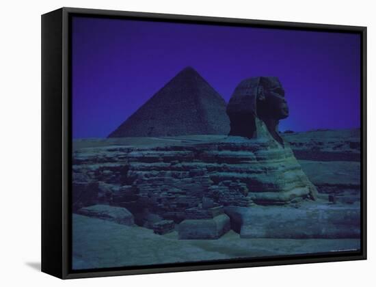 Sphinx and Great Pyramid at Giza, in Moonlight, Egypt-James Burke-Framed Stretched Canvas