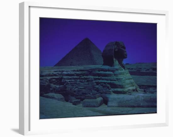 Sphinx and Great Pyramid at Giza, in Moonlight, Egypt-James Burke-Framed Photographic Print