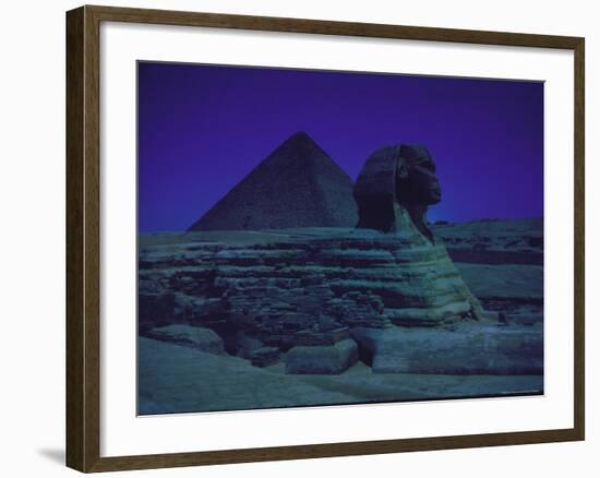 Sphinx and Great Pyramid at Giza, in Moonlight, Egypt-James Burke-Framed Photographic Print