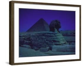 Sphinx and Great Pyramid at Giza, in Moonlight, Egypt-James Burke-Framed Photographic Print