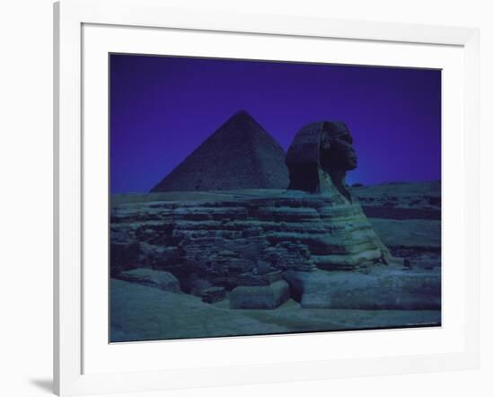 Sphinx and Great Pyramid at Giza, in Moonlight, Egypt-James Burke-Framed Photographic Print