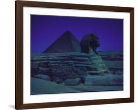 Sphinx and Great Pyramid at Giza, in Moonlight, Egypt-James Burke-Framed Photographic Print