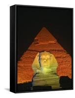 Sphinx and One of the Pyramids Illuminated at Night, Giza, Cairo, Egypt-Nigel Francis-Framed Stretched Canvas