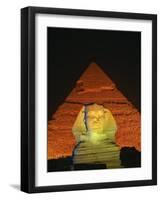 Sphinx and One of the Pyramids Illuminated at Night, Giza, Cairo, Egypt-Nigel Francis-Framed Photographic Print