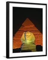 Sphinx and One of the Pyramids Illuminated at Night, Giza, Cairo, Egypt-Nigel Francis-Framed Photographic Print