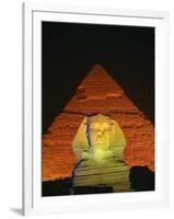 Sphinx and One of the Pyramids Illuminated at Night, Giza, Cairo, Egypt-Nigel Francis-Framed Photographic Print