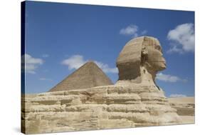 Sphinx in Foreground, and the Great Pyramid of Cheops, the Giza Pyramids-Richard Maschmeyer-Stretched Canvas