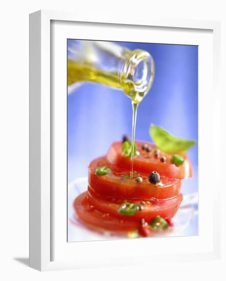 Spiced Tomatoes Being Drizzled with Olive Oil-Jean-Paul Chassenet-Framed Photographic Print