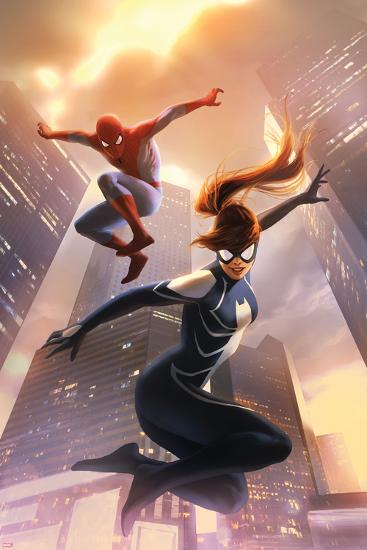 Spider-Girl No.8 Cover: Spider-Girl and Spider-Man Jumping-Jelena Djurdjevic-Lamina Framed Poster