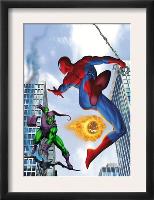 Spider-Man and Green Goblin Fighting in the City; Throwing Flaming Pumpkin-null-Framed Art Print