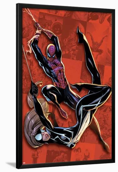 Spider-Man Saga Cover: Spider-man and Spider-Girl Swinging-J. Scott Campbell-Lamina Framed Poster