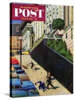 "Spilled Purse on Steep Hill" Saturday Evening Post Cover, March 26, 1955-John Falter-Stretched Canvas