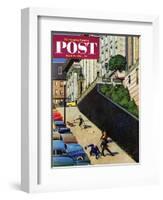 "Spilled Purse on Steep Hill" Saturday Evening Post Cover, March 26, 1955-John Falter-Framed Giclee Print