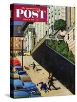 "Spilled Purse on Steep Hill" Saturday Evening Post Cover, March 26, 1955-John Falter-Stretched Canvas