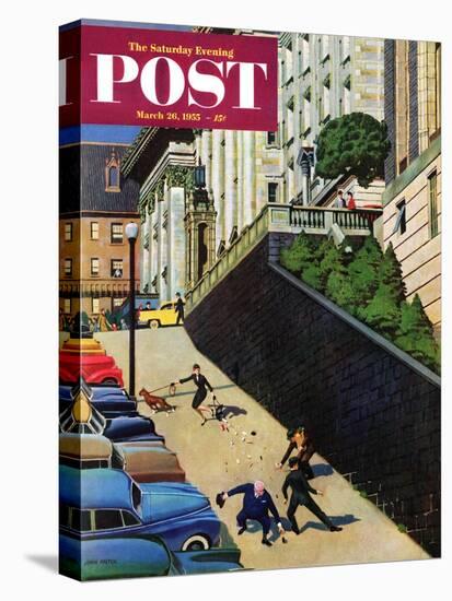 "Spilled Purse on Steep Hill" Saturday Evening Post Cover, March 26, 1955-John Falter-Stretched Canvas