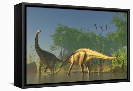 Spinophorosaurus Dinosaurs Grazing the Inhabited Swamps of the Jurassic Period-null-Framed Stretched Canvas